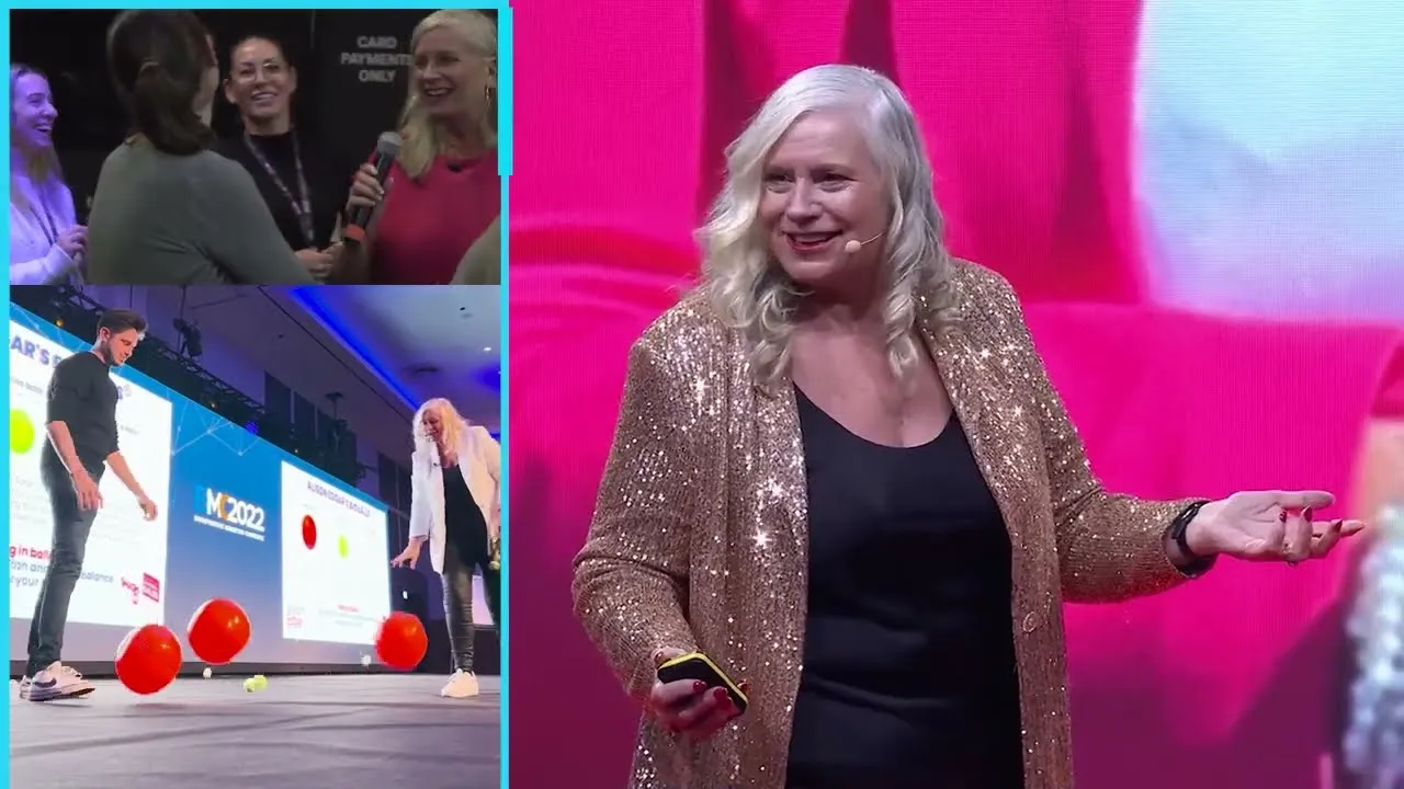 Dr Alison Edgar MBE mid-keynote on stage, from her 2025 showreel