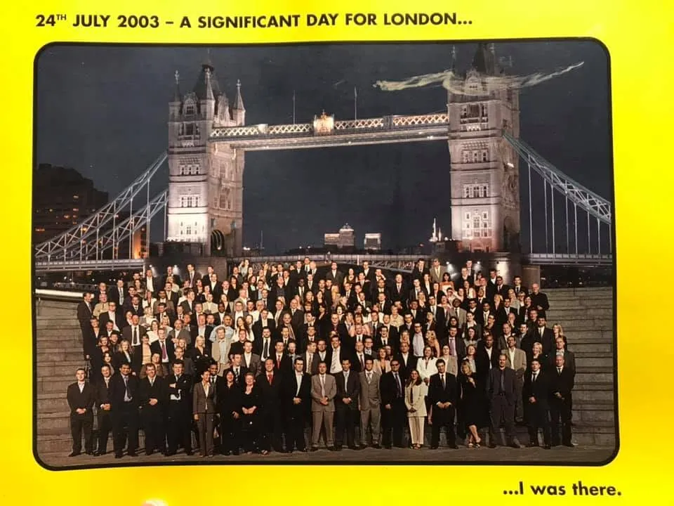 A large Yellow Pages company photo in front of Tower Bridge at night, captioned “24th July 2003 — a significant day for London… I was there.”